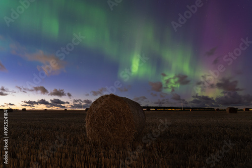 Night landscape, nature of Estonia. A sheaves of hay on a field, starry sky and northern lights. photo