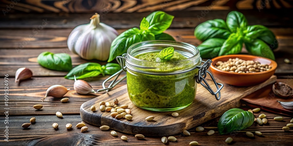 Fresh Pesto Sauce in a Glass Jar with Ingredients on a Wooden Table, Perfect for Culinary Arts and Healthy Recipes with Copy Space for Text Overlay Fresh Pesto Sauce in a Glass Jar with Ingredients on a Wooden Table, Perfect for Culinary Arts and Healthy Recipes with Copy Space for Text Overlay