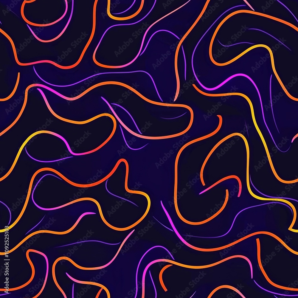 Seamless pattern of neon purple and orange abstract shapes on a dark background Seamless pattern of neon purple and orange abstract shapes on a dark background