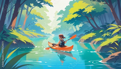 Kayaking adventure through a tranquil forest river filled with vibrant greenery and sunlight filtering through trees photo