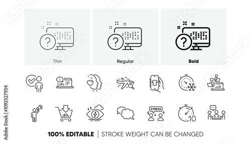 Stress, Brand ambassador and Teamwork line icons. Pack of Shopping, Online documentation, Search flight icon. Difficult stress, Freezing timer, Verification person pictogram. Messenger. Vector
