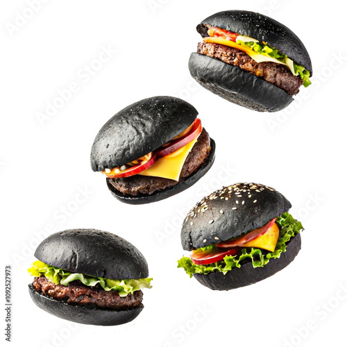 flying black hamburger isolated on transparent background  photo