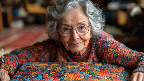 Elderly woman joyfully completing a colorful jigsaw puzzle indoors during a cozy afternoon. Generative AI