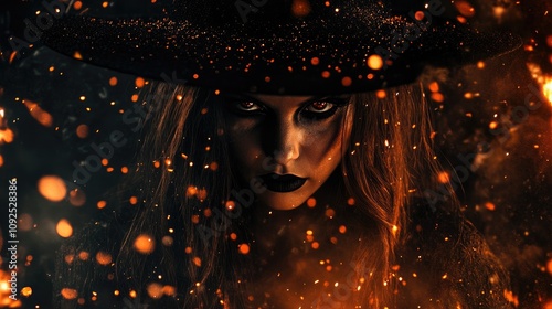 Witch with intense gaze in dark setting, surrounded by glowing fire embers and sparkling particles, creating a mystical and haunting atmosphere.