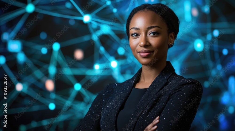 Obraz premium Confident businesswoman smiling with arms crossed, set against a backdrop of vibrant digital network visuals and interconnected nodes.