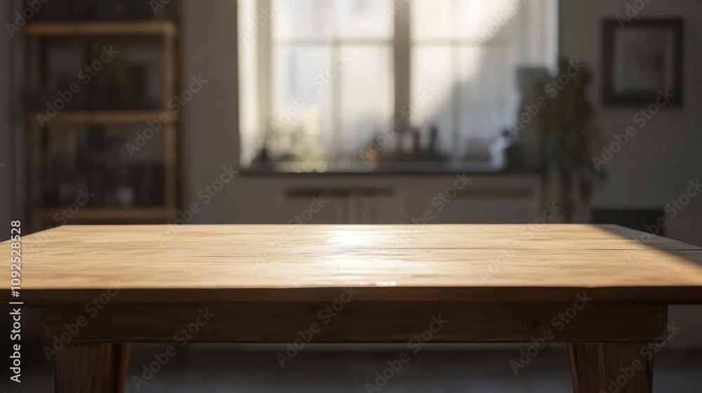 Elegant wooden table with a smooth surface illuminated by soft light, set against a softly blurred interior backdrop highlighting a cozy atmosphere. Elegant wooden table with a smooth surface illuminated by soft light, set against a softly blurred interior backdrop highlighting a cozy atmosphere.