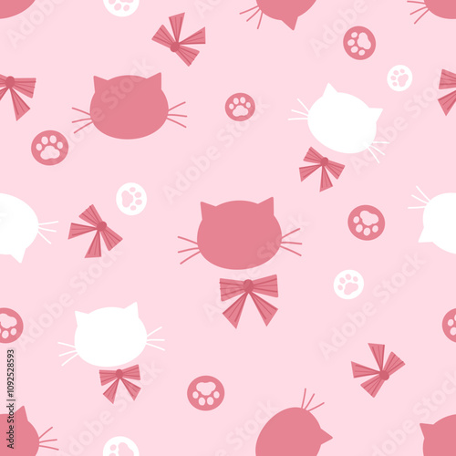 Seamless pattern with cat kitten cartoons, ribbon bow and foot print on pink background vector.
