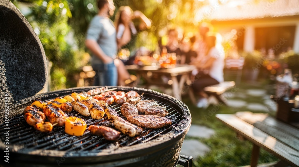 Friends and family enjoying a barbecue in a charming outdoor setting with a stone grill, delicious grilled meats, and cozy picnic seating. Friends and family enjoying a barbecue in a charming outdoor setting with a stone grill, delicious grilled meats, and cozy picnic seating.