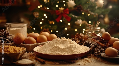 Festive baking setup with flour, brown sugar, eggs, and spices surrounded by pinecones, all against a beautifully decorated Christmas tree backdrop. photo