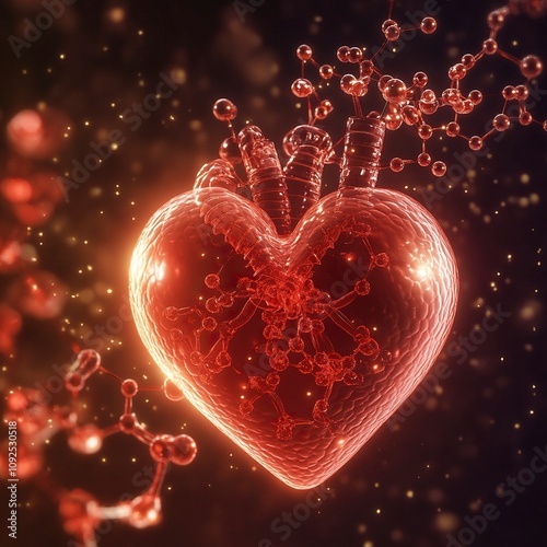 Create an image featuring a heart as the central focus. In the background, add chemical structure of glycolipid,generative ai photo