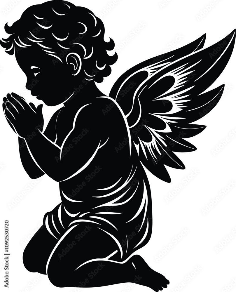 Fototapeta premium A black and white drawing of a angel with a halo on it