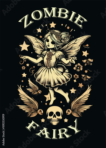  vintage t-shirt design vector image of Zombie Fairy
