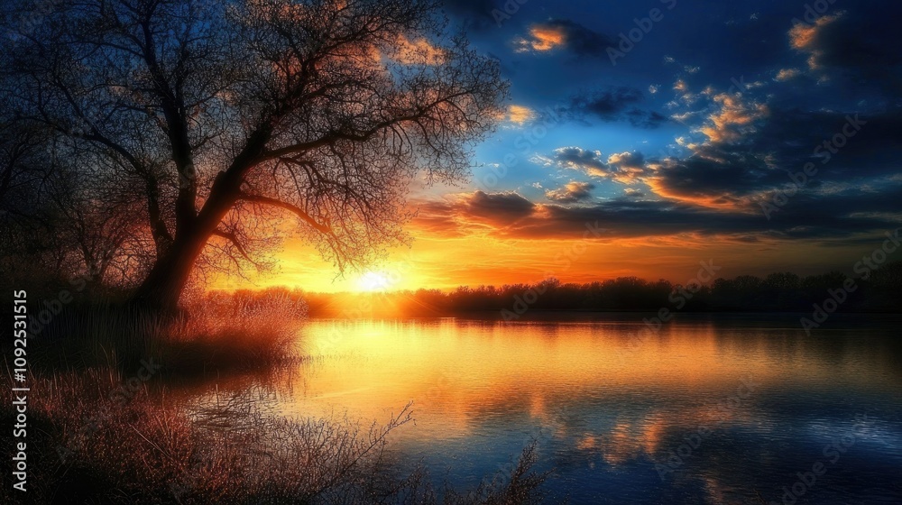 Fototapeta premium Vibrant sunset paints the sky with orange hues, reflecting on tranquil waters beneath a silhouette of a tree, creating a dramatic natural scene.