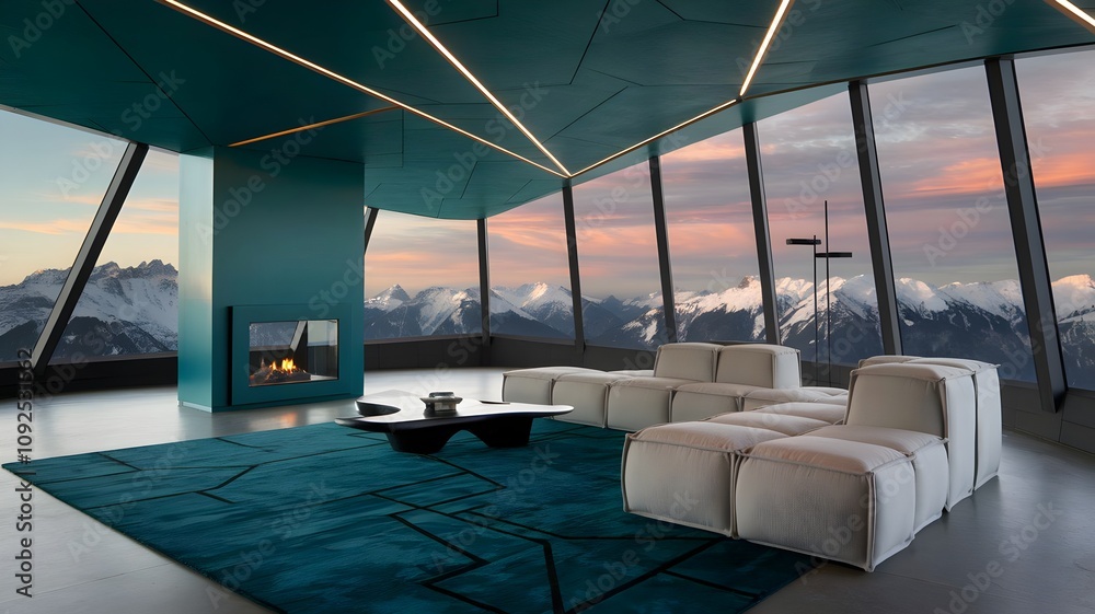 Fototapeta premium Futuristic Mountaintop Villa Sitting Room: Luxurious Design Meets Panoramic Landscape with Dramatic angular ceiling in deep teal with geometric patterns and hidden LED lighting
