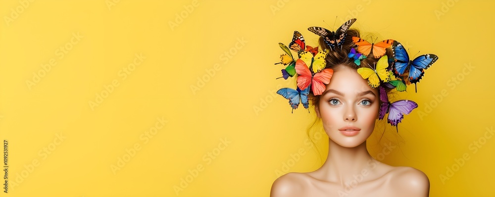 Fototapeta premium Close-up portrait of a young woman with colorful butterflies in her hair, isolated on yellow background