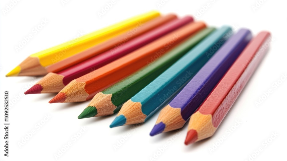 Colorful arrangement of vibrant pencils in various shades lined up neatly on a clean white background for back-to-school themes. Colorful arrangement of vibrant pencils in various shades lined up neatly on a clean white background for back-to-school themes.