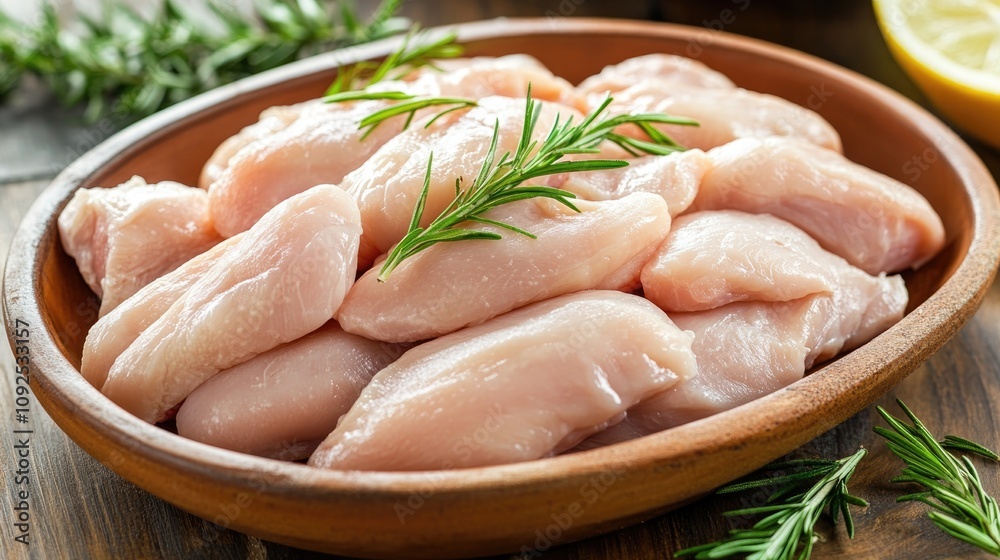 Raw chicken pieces arranged in a wooden bowl, garnished with fresh rosemary, highlighting their freshness and readiness for preparation. Raw chicken pieces arranged in a wooden bowl, garnished with fresh rosemary, highlighting their freshness and readiness for preparation.