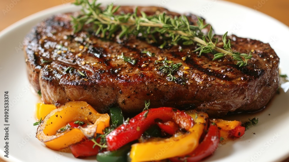 Succulent grilled beef steak garnished with fresh thyme, served alongside a colorful medley of sautéed bell peppers. Succulent grilled beef steak garnished with fresh thyme, served alongside a colorful medley of sautéed bell peppers.