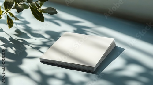 Folded white bifold business card mockup showcasing soft shadows on a light blue surface with subtle leaf outlines in the background.