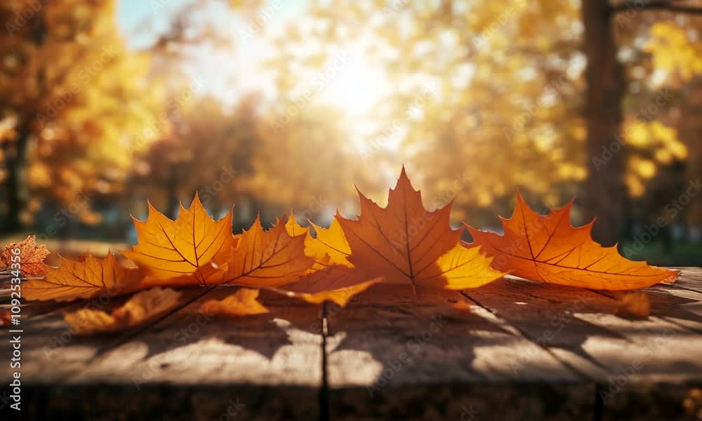 Autumnal Wooden Tabletop with Fallen Leaves and Blurred Background Autumnal Wooden Tabletop with Fallen Leaves and Blurred Background