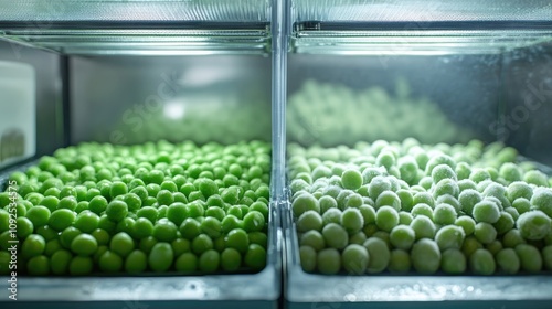 Frozen peas neatly arranged in a refrigerator, showing vibrant green peas on one side and defrosted, softer peas on the other.