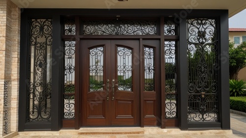 Ornate double wooden doors with black metal accents. photo