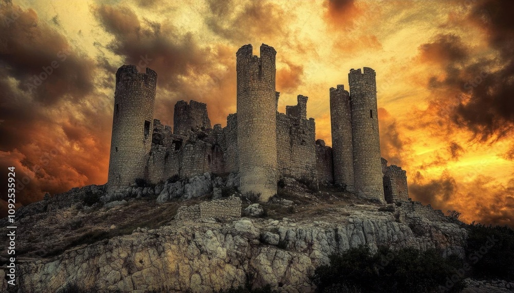 Fototapeta premium A dramatic sunset illuminates a medieval castle ruin on a rocky hill.