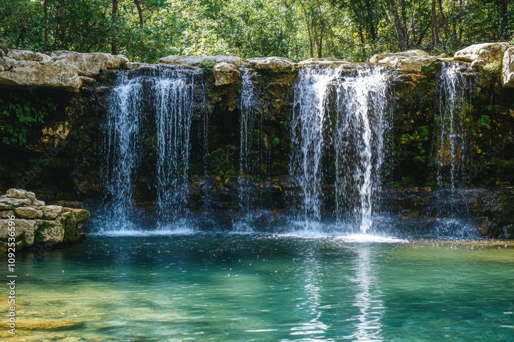 Obraz premium A serene waterfall cascading into a tranquil pool surrounded by greenery.