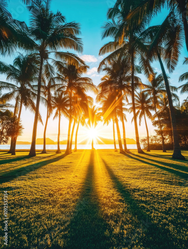 Tall palm trees in a tropical field during sunrise, with golden rays illuminating the vibrant greenery, creating a peaceful and rejuvenating scene..