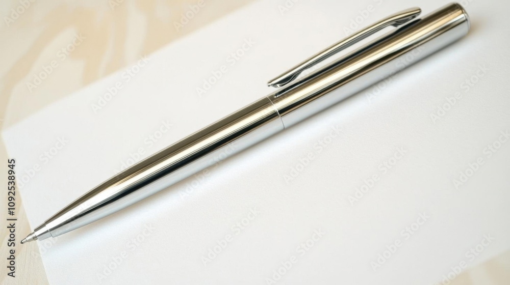 A silver pen resting on a blank sheet of paper, ready for writing.