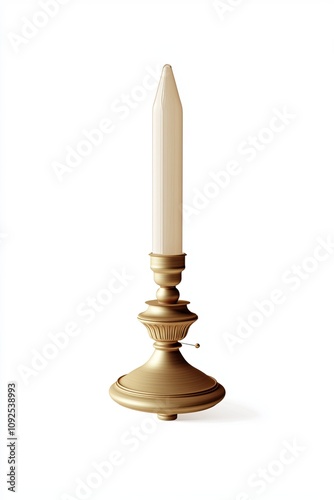 A single, long, white candle in a gold candlestick. The candle is lit and the flame is visible. The candlestick has a decorative base. The background is white.