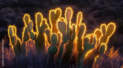 Golden Hour Glow on Desert Cactus Landscape