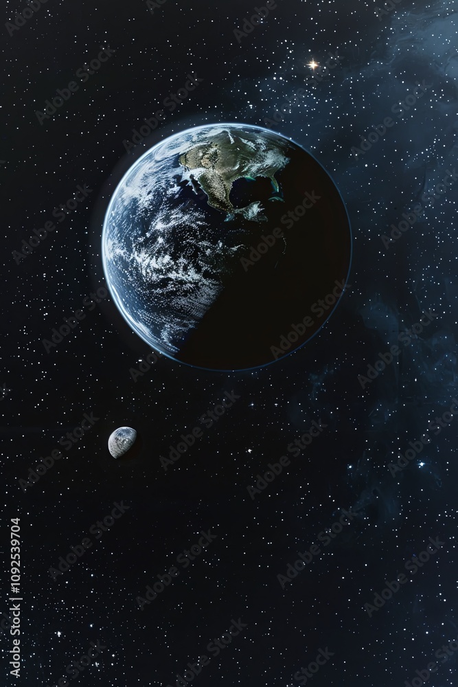 Obraz premium A stunning view of the Earth and moon against a backdrop of a starry night sky.
