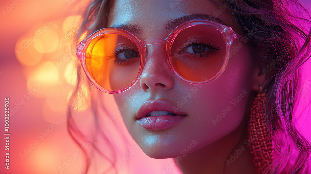 Young woman with vibrant orange sunglasses poses against colorful backdrop during a summer evening in an urban setting. Generative AI