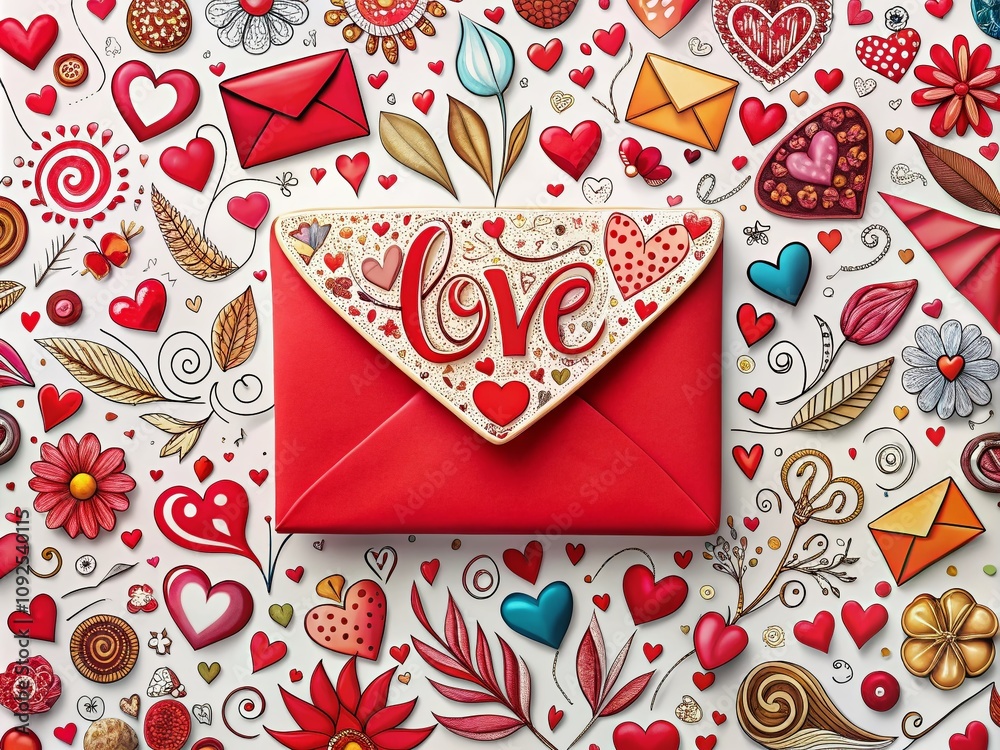Fototapeta premium Groovy Romantic Valentine's Day Pattern Featuring Love Letters and Red Envelopes on a White Background for Creative Projects and Celebrations