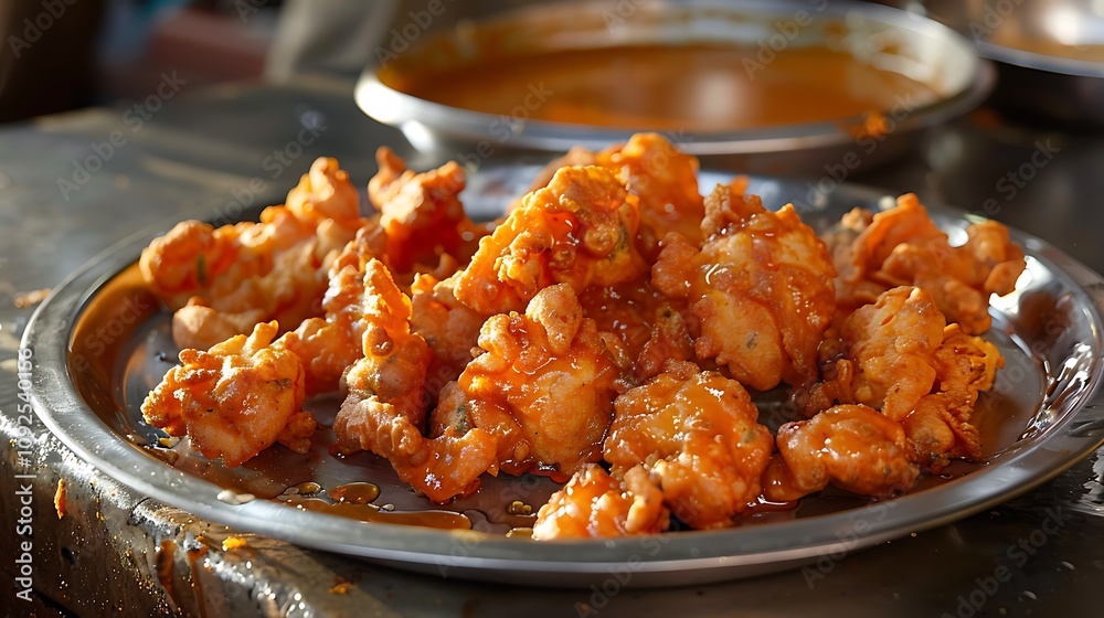 A close up of chicken pakora with sauce on a metallic plate on the table A close up of chicken pakora with sauce on a metallic plate on the table