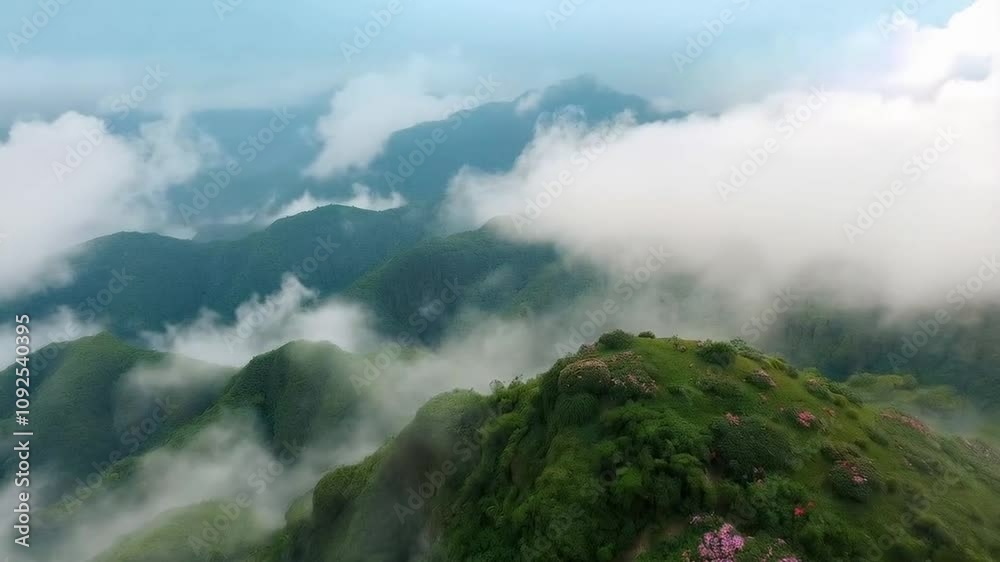 Drone aerial shot of tropical mountains with mist lingering in the valleys Drone aerial shot of tropical mountains with mist lingering in the valleys