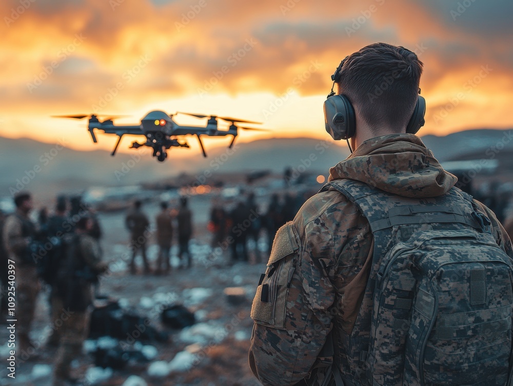 A soldier operates a drone using a tablet and virtual reality headset, showcasing advanced military technology, precision surveillance, and modern defense strategies A soldier operates a drone using a tablet and virtual reality headset, showcasing advanced military technology, precision surveillance, and modern defense strategies