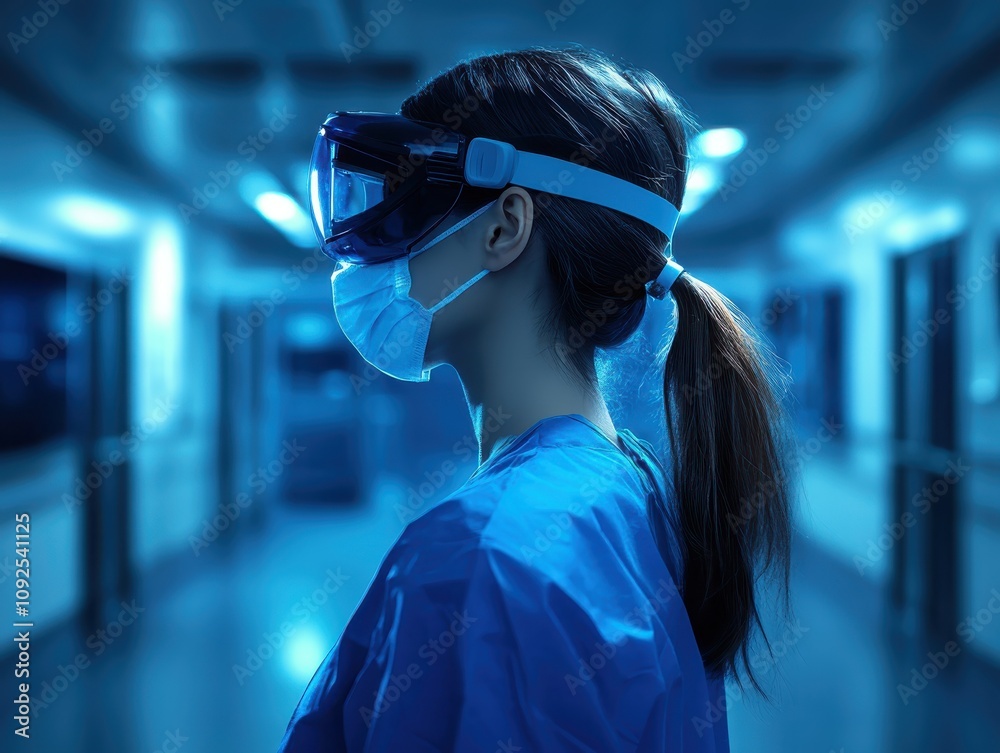 Nurse standing in a quiet ICU, focus on an unplugged ventilator, critical care crisis theme, futuristic, double exposure, dark ICU backdrop Nurse standing in a quiet ICU, focus on an unplugged ventilator, critical care crisis theme, futuristic, double exposure, dark ICU backdrop