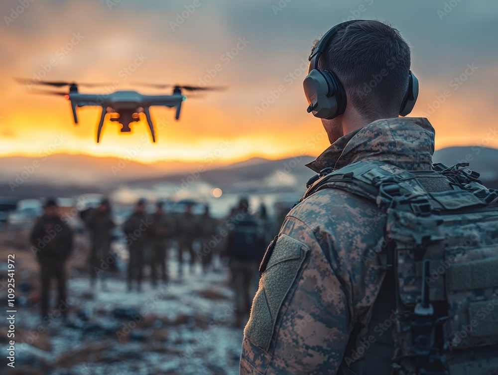 A soldier operates a drone using a tablet and virtual reality headset, showcasing advanced military technology, precision surveillance, and modern defense strategies A soldier operates a drone using a tablet and virtual reality headset, showcasing advanced military technology, precision surveillance, and modern defense strategies