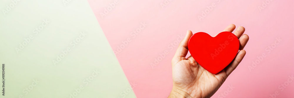 Obraz premium Hand Holding Red Heart on Pink and Green Pastel Background