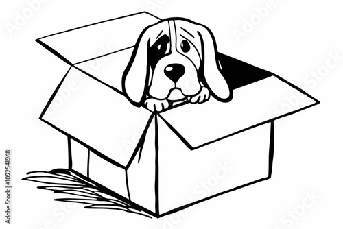 a sad Dog abandoned in a cardboard box, white background, 