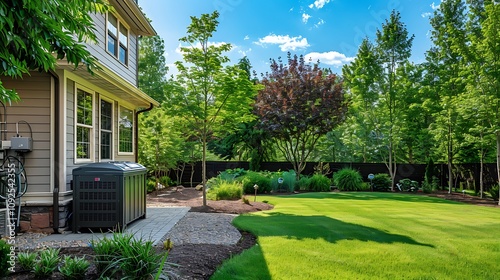 A home standby generator installed at the backyard of a house an air cooled natural gas or liquid propane generator for residential use photo