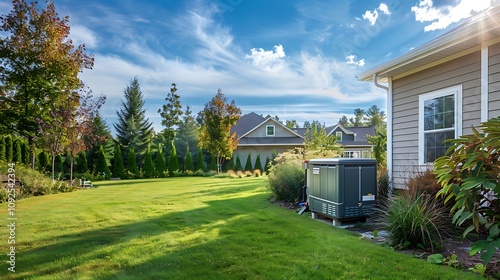 A home standby generator installed at the backyard of a house an air cooled natural gas or liquid propane generator for residential use photo