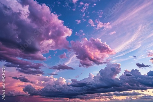 Majestic purple and pink clouds drifting slowly across a serene blue sky with delicate wisps, ethereal skies, pinksun, serenbluesky, wispyclouds, pastelloverall photo