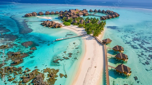 Aerial view of a tropical island resort with white sand beach, turquoise water, palm trees and overwater bungalows.