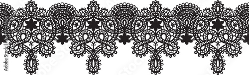Ribbon lace in seamless border,vintage style,black color.Vector hand-drawn illustration with floral pattern.Lightweight and openwork for backgrounds,wedding,February 14,March 8,Mother's Day