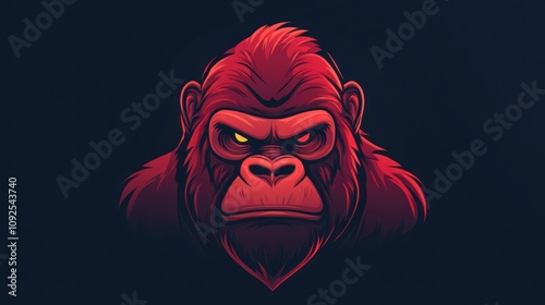 Close-up portrait of a red gorilla with a fierce expression against a dark background. photo