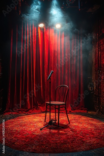 Stand-up stage in red, bar stool and microphone for performance.