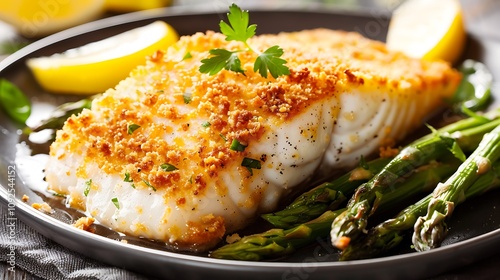 A plate of delicious panko breadcrumb crusted baked haddock with asparagus and lemon